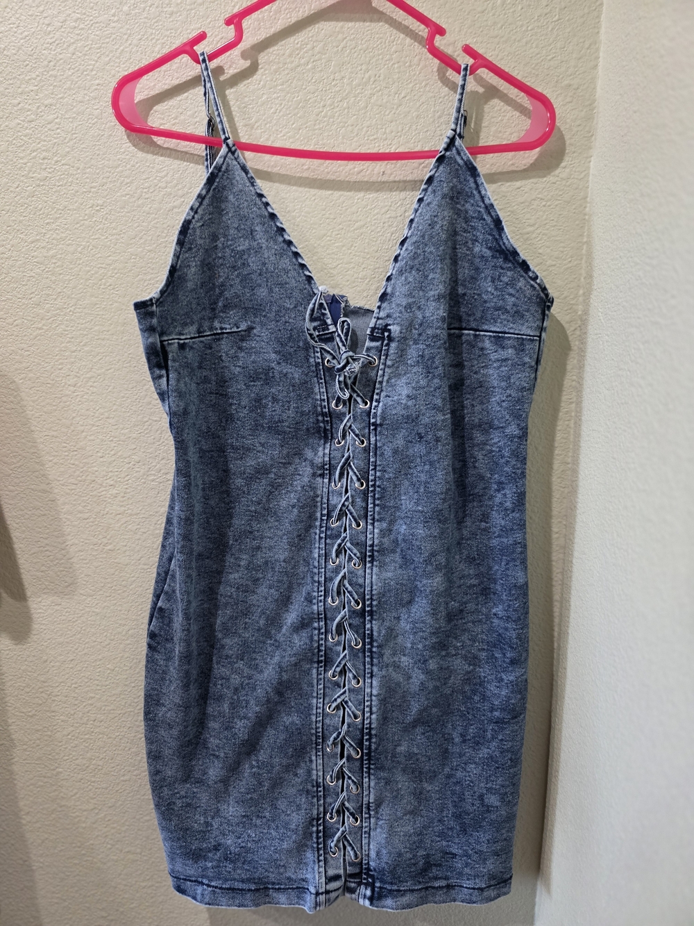 Washed Blue Lace-Up Denim Mini Dress